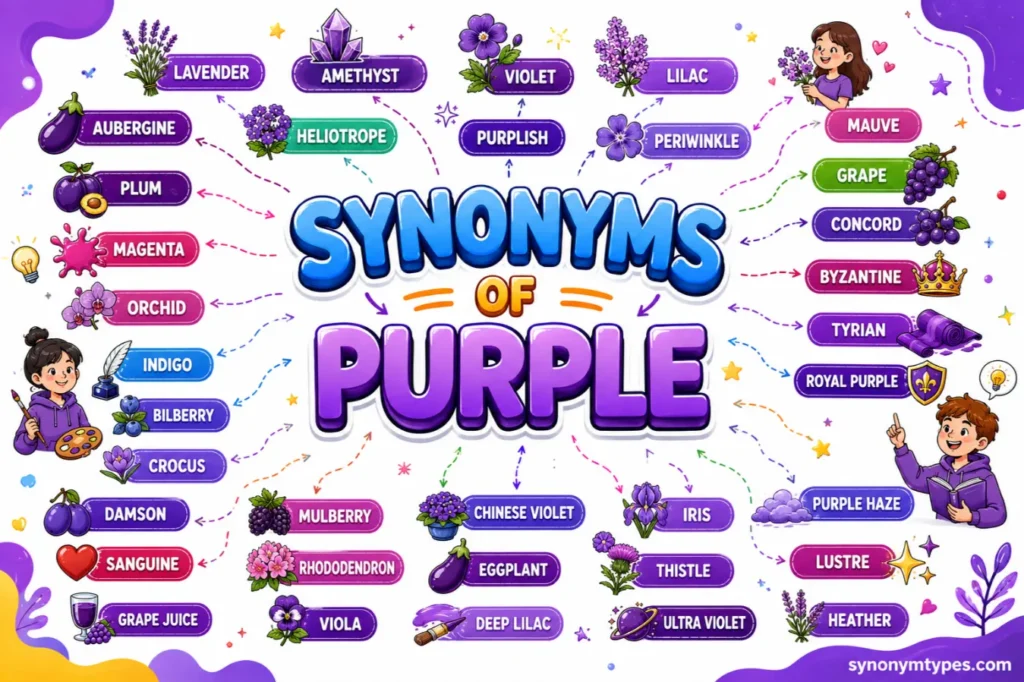 Infographic showing 40 synonyms for purple including violet, lavender, lilac, plum, mauve, amethyst, indigo, orchid, magenta, and other purple shades.